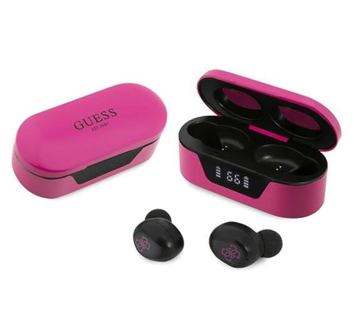 Audífonos inalámbricos Guess con estuche digital.