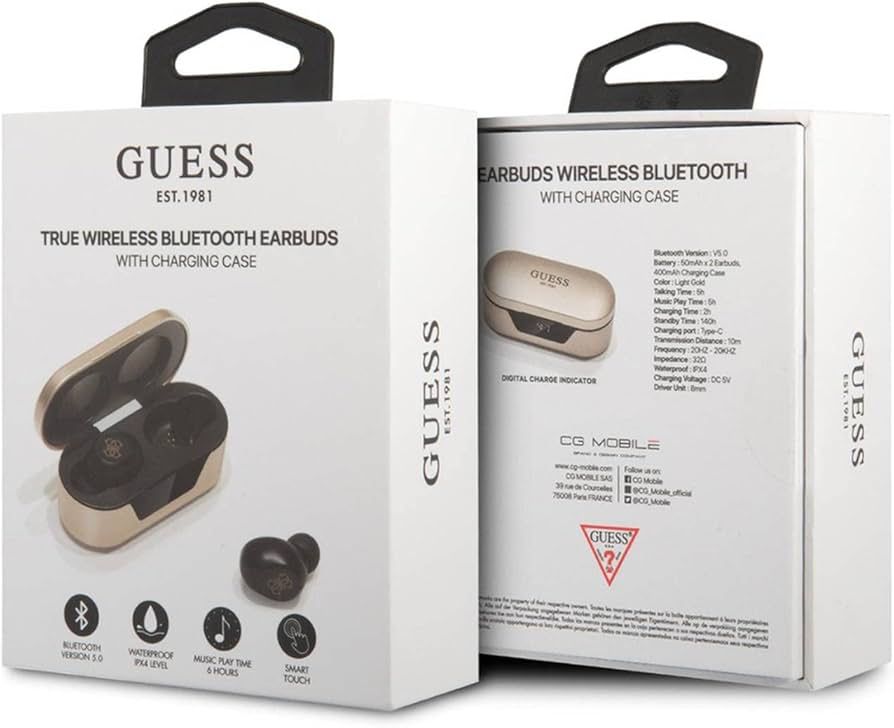 Audífonos inalámbricos Guess con estuche digital.